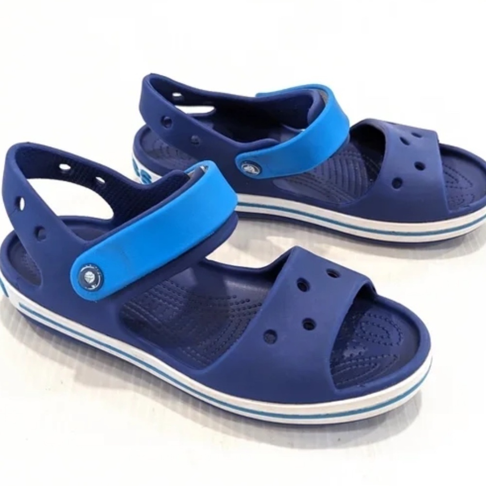 Crocs Crocband 3J Junior Kid Unisex Blue White Strappy Velcro Summer San…